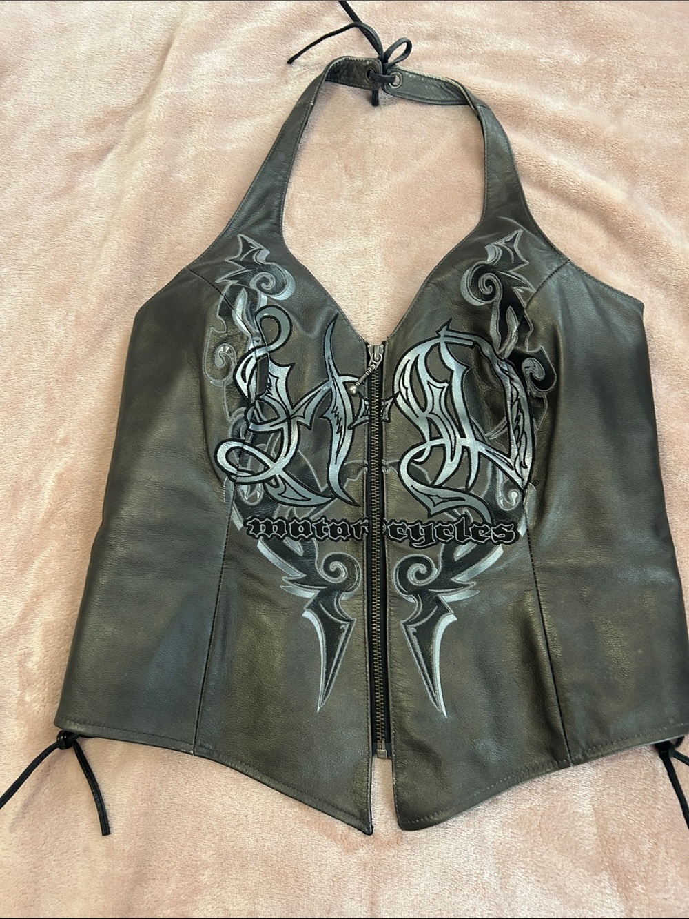 Vintage Harley Women's Black Leather Halter Zip Front Vest with Graphic Detail